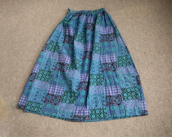 Vintage 70s Patchwork Pattern Maxi Skirt Cotton Long Skirt, Teal Blue Violet Geometric Folk /M