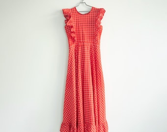 Vintage 70s Red Check Cotton Maxi Dress: Prairie Apron Style, Ruffle Detail