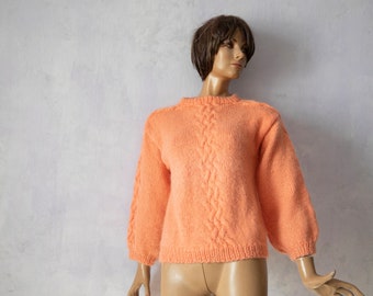 Pull torsadé orange pêche en laine mohair à tricoter/pull d'hiver femme/ S