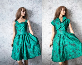 Ensemble robe et haut des années 50 / Robe imprimée abstraite noire vert émeraude Ensemble haut corsage / Robe jupe évasée longueur genou sans manches / S