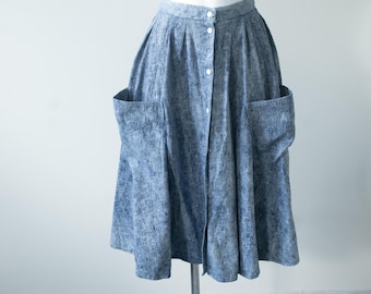 Vintage 90er Jahre Acid Blue Wash Denim Midirock, A-Linie, ausgestellt, aufgesetzte Tasche /S