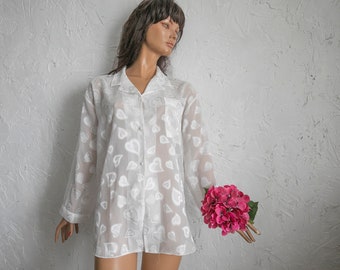 Jaren '80 vrouw Vintage pyjama-achtige blouse met hartjespatroon/ S/M