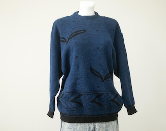 Vintage 90s Wool Knit Oversized Jumper | Retro Graphic Leaf Pattern Sweater | Medium / Large