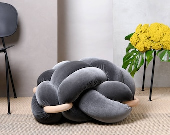 Cojín de piso de nudo grande en gris terciopelo, otomana de terciopelo, almohada de piso de nudo, puf moderno, cojín, puf otomana, almohada de meditación,