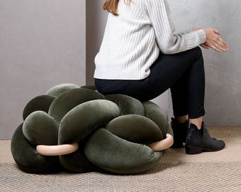 Large Velvet Knot Floor Cushion in Olive Green, velvet ottoman ,Knot Floor Pillow, Modern pouf, cushion, pouf ottoman, Meditation Pillow,