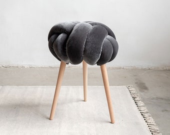 Grey Velvet Knot stool, design chair, modern chair, industrial stool, wood stool,