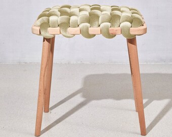 Woven Stool In Champagne Velvet, velvet stool, velvet stools, woven stool, modern stool, bedroom stool, wooden stool, designer stool