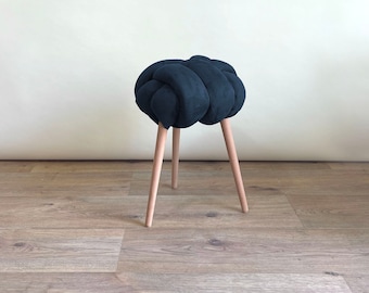Indigo Blue vegan suede Knot stool, design chair, modern chair, industrial stool, wood stool,