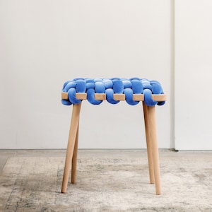 Woven Stool In Mineral Blue Velvet, velvet stool, velvet stools, woven stool, modern stool, bedroom stool, designer stool, knot stool