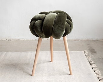 Olive Green Velvet Knot stool, design chair, modern chair, industrial stool, wood stool,