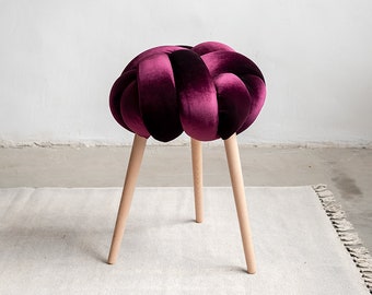 purple Velvet Knot stool, design chair, modern chair, industrial stool, wood stool,