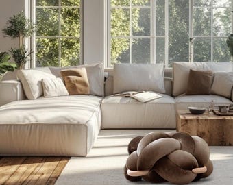 Brown Truffle Velvet Knot Ottoman, Floor Cushion Pouf, Large Floor Pillow, Extra Seating, Pouf, Modern Floor Seating, statement furniture