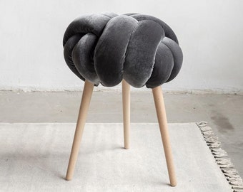 Grey Velvet Knot stool, design chair, modern chair, industrial stool, wood stool, velvet ottoman