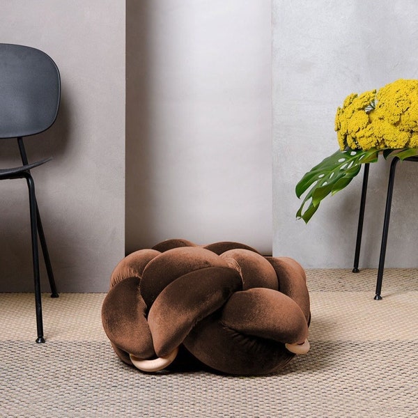 Medium knot Floor Cushion in Velvet Acorn, velvet ottoman ,ottoman pouf, pouf stool, floor cushion, pouf ottoman, knots decor, pouf