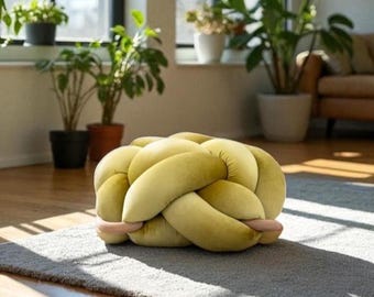 Citron Velvet Knot Ottoman | Handcrafted Floor Cushion | Modern Sculptural Pouf