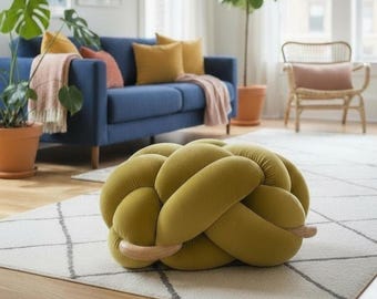 Modern Floor Seating in Green Citron Velvet ,Knot Ottoman ,Floor Cushion Pouf | Medium Floor Pillow | Extra Seating | Handmade Knot Pouf |