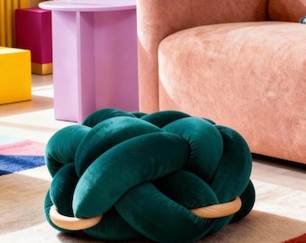 Handcrafted Knot Ottoman in Petrol Velvet | Extra Floor Seating | Large Pouf