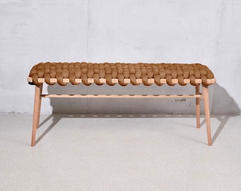 Banc tissé en daim végétalien brun chocolat, banc en bois, banc d'entrée, banc de chambre, banc de velours,