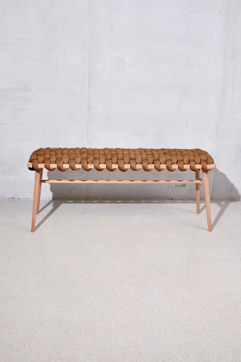 Woven Bench In Chocolate Brown Vegan Suede, Wooden bench, entrance bench, bedroom bench, velvet bench, image 1