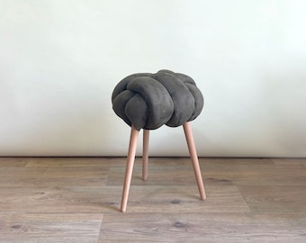 Army Green vegan suede Knot stool, design chair, modern chair, industrial stool, wood stool,