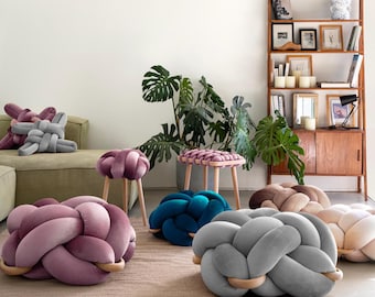 Gray Velvet Knot Ottoman, Floor Cushion Pouf, Large Floor Pillow, Extra Seating, Pouf, Modern Floor Seating, statement furniture