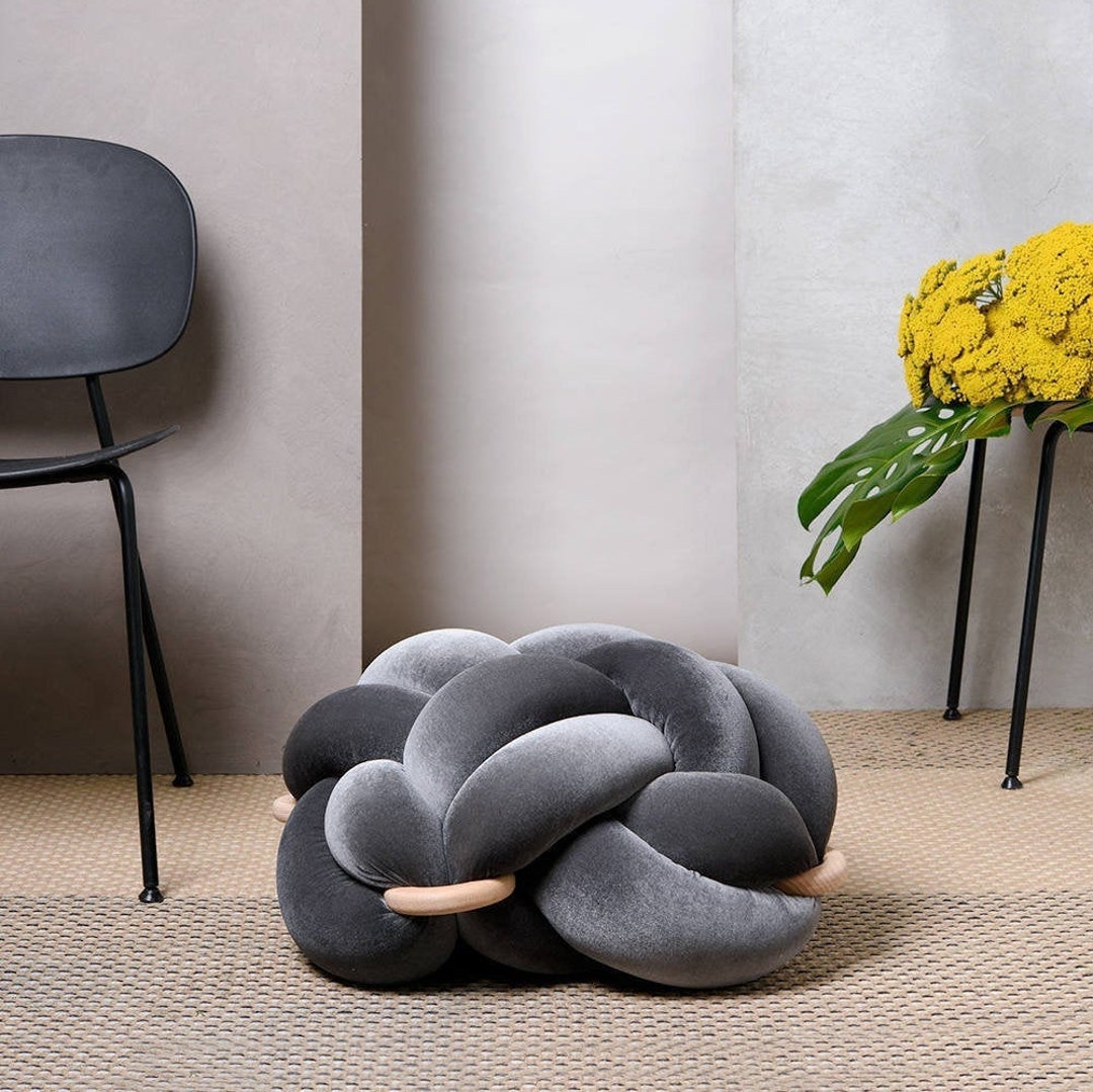 Medium Knot Floor Cushion in Velvet Grey, Velvet Ottoman ,ottoman Pouf