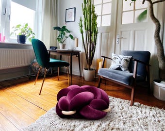Purple Burgundy Velvet Knot Ottoman, Floor Cushion Pouf, Large Floor Pillow, Extra Seating, Pouf, Modern Floor Seating, statement furniture