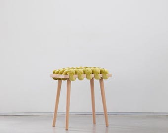 Green velvet Woven Stool Side Table | Handmade Beechwood Nightstand | Velvet Ottoman | Accent Stool | Plant Stand | Modern Bedroom Stool