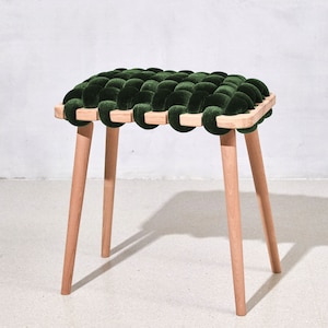 Woven Stool In Olive Green Velvet, velvet stool, velvet stools, woven stool, modern stool, bedroom stool, wooden stool, designer stool, image 1