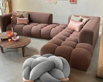 Gray Velvet Knot Ottoman | Modern Floor Cushion, Extra Seating