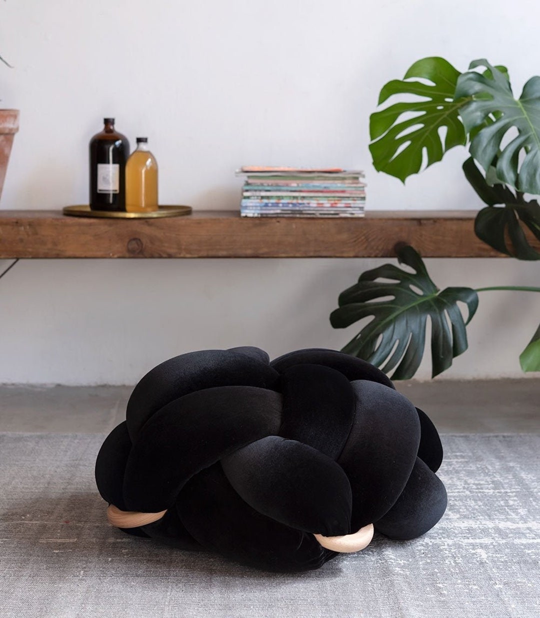 Medium Knot Floor Cushion in Black Velvet ,velvet Ottoman Footstool
