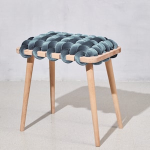 Woven Stool In Sage Velvet, velvet stool, velvet stools, woven stool, modern stool, bedroom stool, wooden stool, designer stool