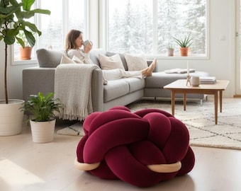 Purple Burgundy Velvet Knot Ottoman, Floor Cushion Pouf, Large Floor Pillow, Extra Seating, Pouf, Modern Floor Seating, statement furniture