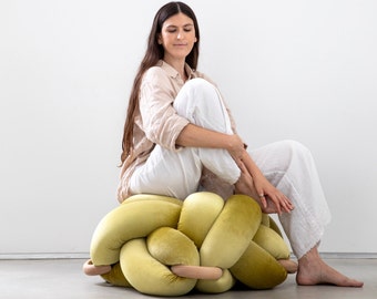 Knot Ottoman in Citron velvet fabric, velvet ottoman ,Knot Floor Pillow, Modern pouf, cushion, pouf ottoman, Meditation Pillow, Citron pouf
