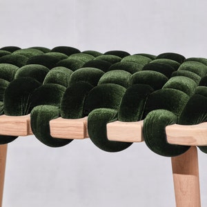 Woven Stool In Olive Green Velvet, velvet stool, velvet stools, woven stool, modern stool, bedroom stool, wooden stool, designer stool, zdjęcie 3