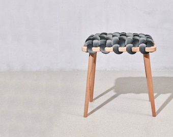Woven Stool In Grey Velvet, velvet stool, velvet stools, woven stool, modern stool, bedroom stool, wooden stool, designer stool, knot stool