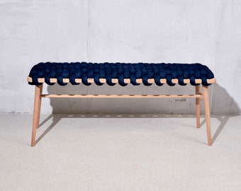 Banc tissé en daim végétalien bleu indigo, banc en bois, banc d'entrée, banc de chambre, banc de velours,