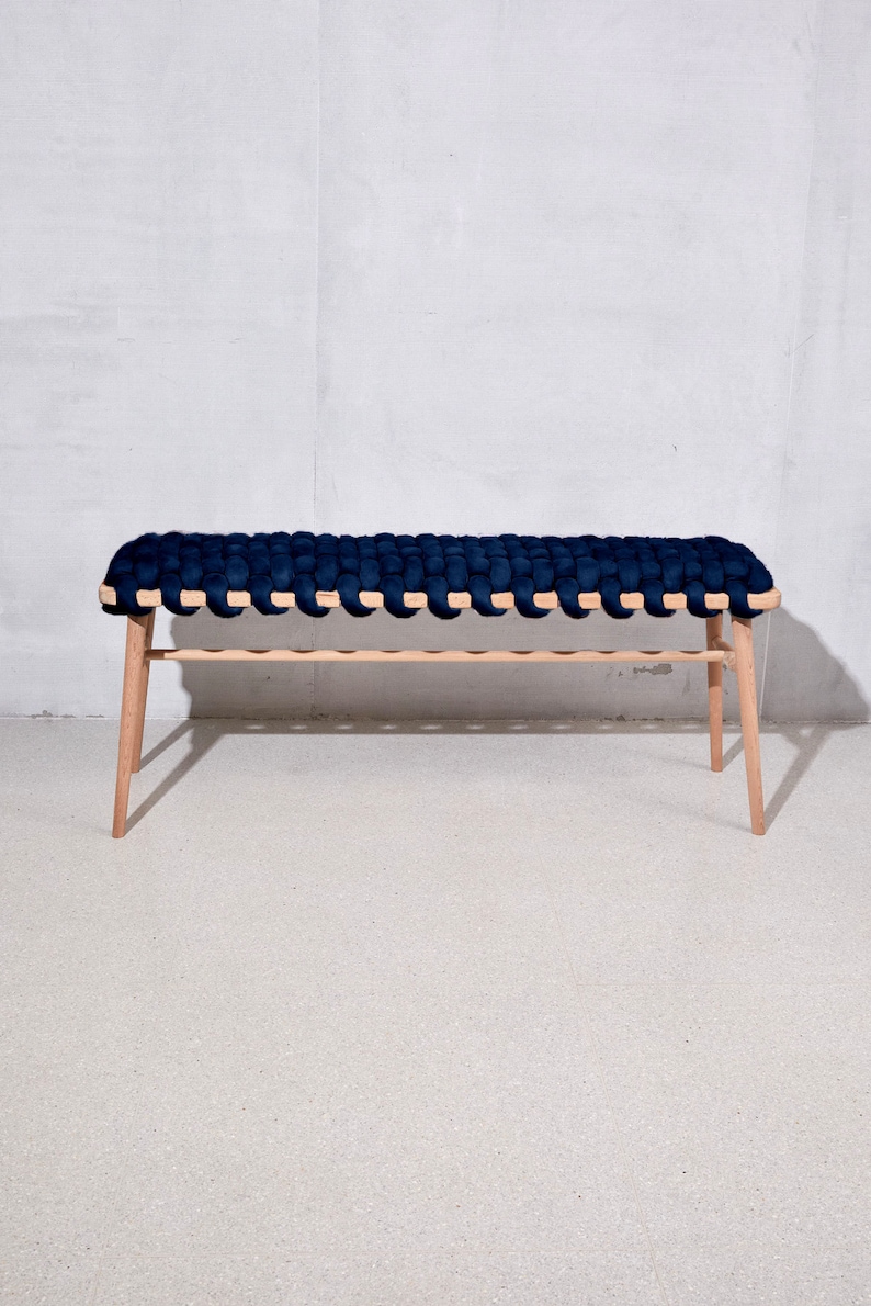 Geweven Bench In Indigo Blue Vegan Suede, Houten bank, ingangsbank, slaapkamerbank, fluwelen bank, afbeelding 1