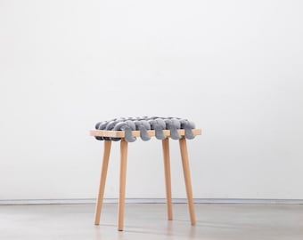 Gray Woven Stool Side Table | Handmade Beechwood Nightstand | Velvet Ottoman | Accent Stool | Plant Stand | Modern Bedroom Stool | US Made