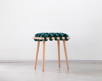 Teal Woven Stool Side Table | Handmade Beechwood Nightstand | Velvet Ottoman | Accent Stool | Plant Stand | Modern Bedroom Stool | US Made
