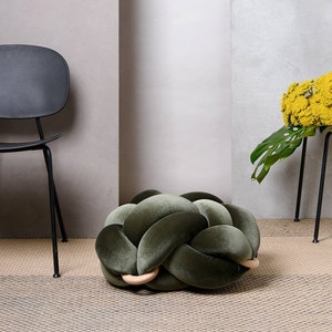 Medium knot Floor Cushion in Velvet Olive Green, velvet ottoman ,ottoman pouf, pouf stool, floor cushion, pouf ottoman, knots decor, pouf