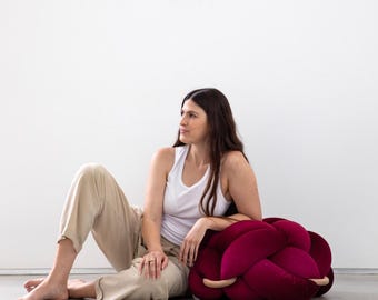Purple Burgundy Velvet Knot Ottoman | Floor Cushion Pouf | Floor Pillow | Statement Extra Seating | Handmade Pouf | Modern Floor Seating