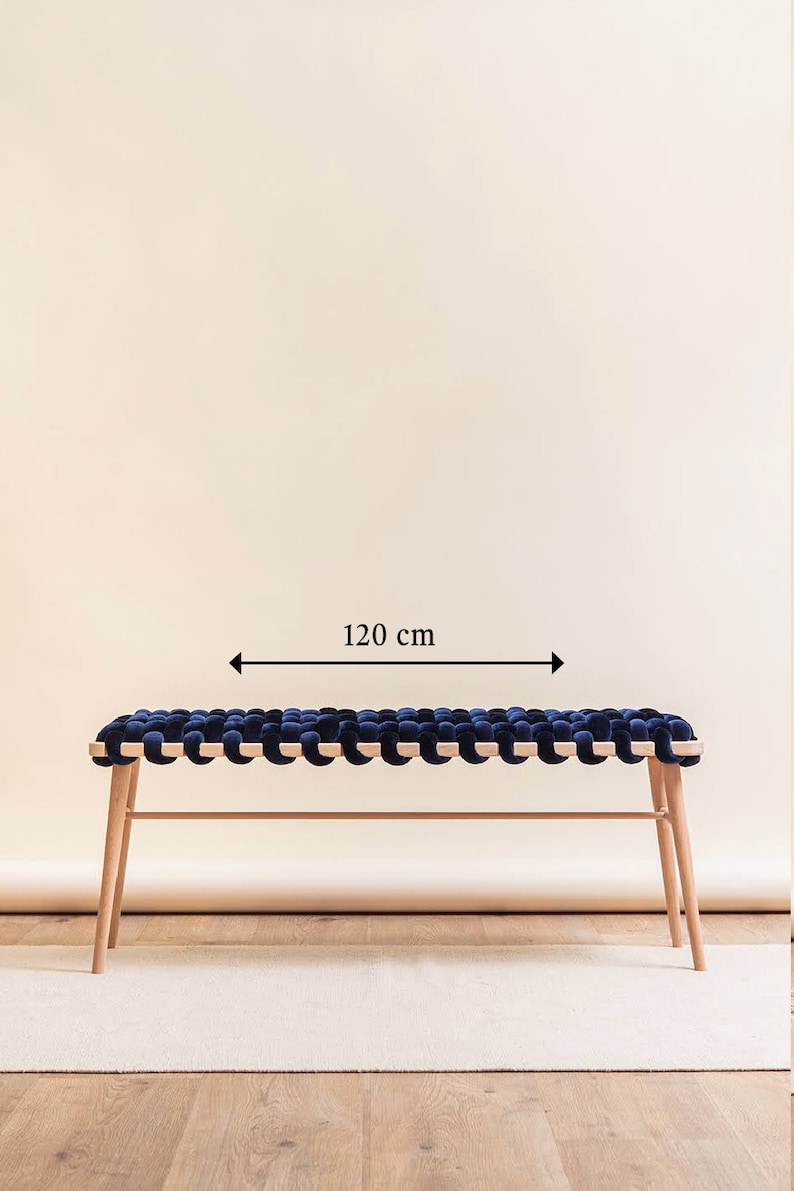 Woven Bench In Indigo Blue Vegan Suede, Wooden bench, entrance bench, bedroom bench, velvet bench, 画像 7