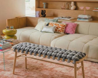 Gray velvet Woven Bench Entryway | Handmade Beechwood Hallway Bench | Mudroom woven Bench | bedroom velvet bench | Statement Entryway Bench