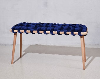 Woven Bench In Midnight Blue Velvet, Holzbank, Eingangsbank, Schlafzimmerbank, Samtbank