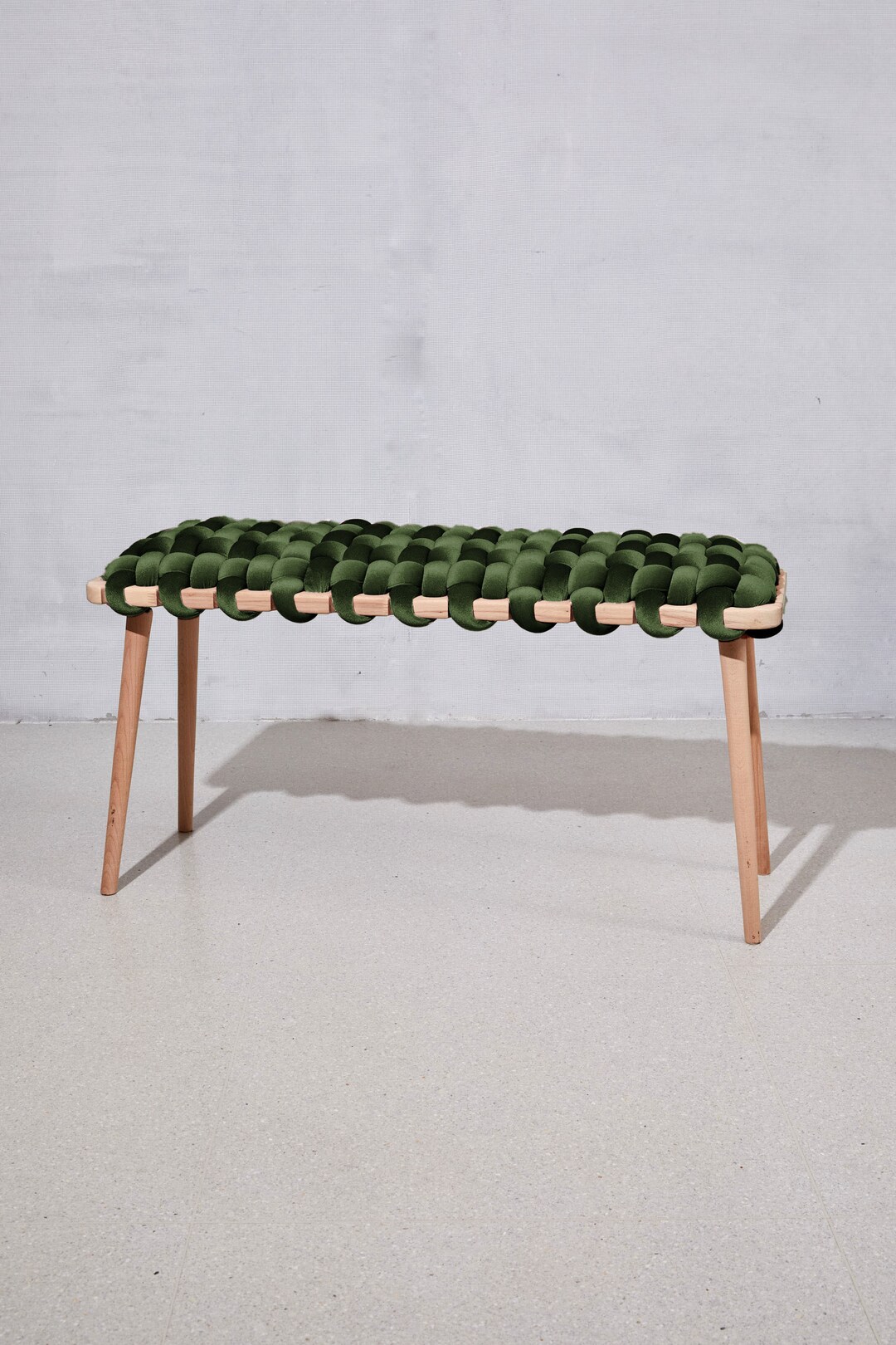 Woven Bench in Olive Green Velvet, Wooden Bench, Entrance Bench ...