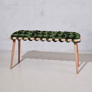 Woven Bench In Olive Green Velvet, Wooden bench, entrance bench, bedroom bench, velvet bench,