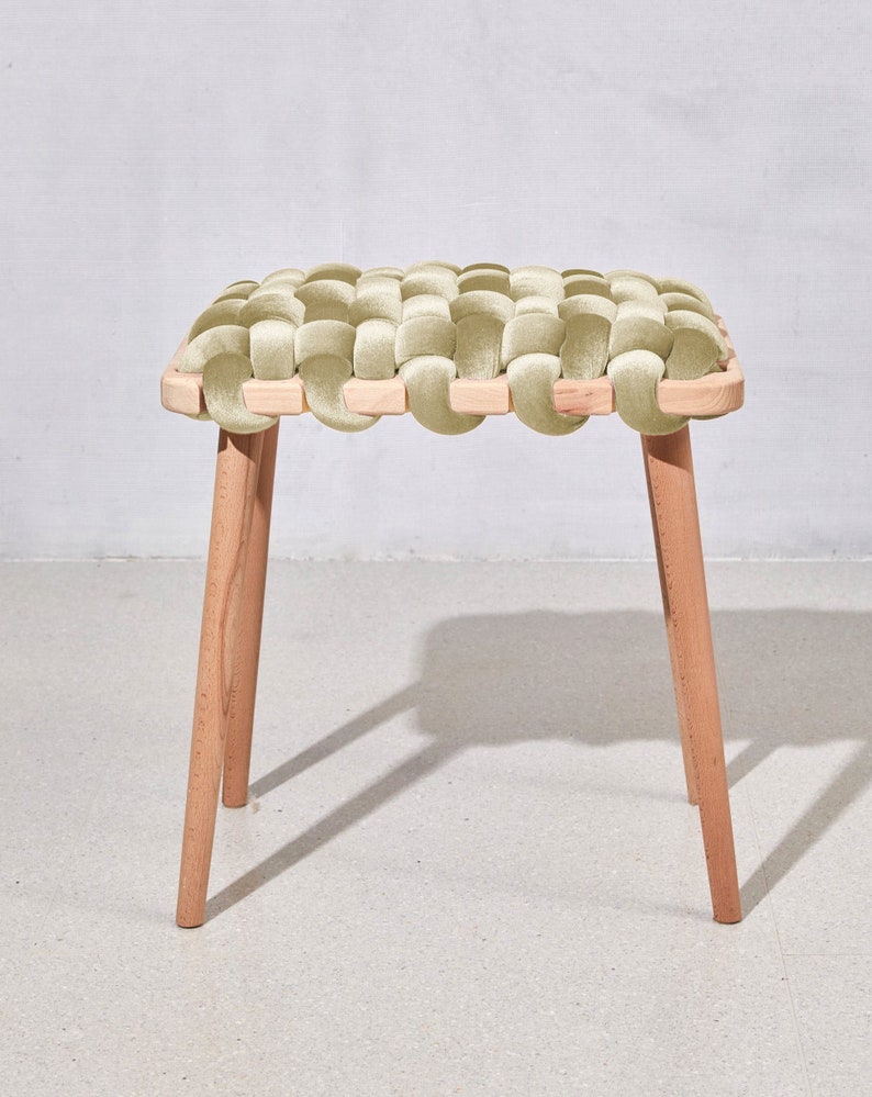 Woven Stool In Champagne Velvet, velvet stool, velvet stools, woven stool, modern stool, bedroom stool, wooden stool, designer stool