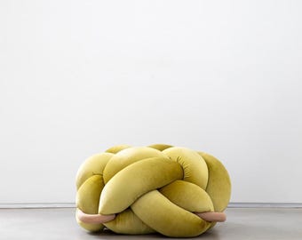 Green Citron Velvet Knot Ottoman Floor Cushion Pouf | Medium Floor Pillow | Extra Seating | Handmade Knot Pouf | Modern Floor Seating