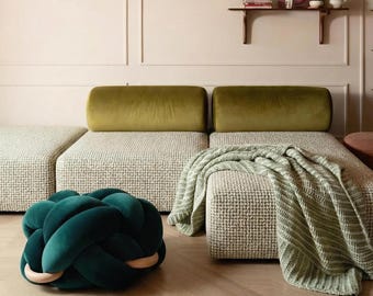 Floor Cushion Pouf in Green Blue Petrol Velvet Knot Ottoman | Floor ottoman | Statement Extra Seating | Handmade Knot Pouf |  Floor Seating